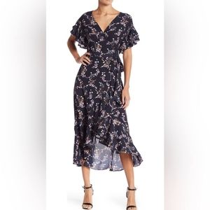 NWT Max Studio Ruffle Crepe High/LowWrap Midi Dress Dark Navy/Lavender …